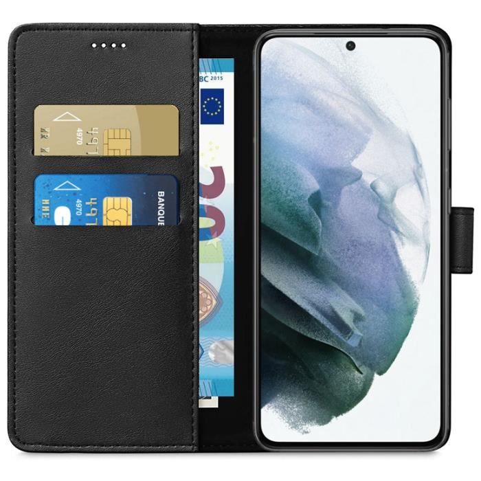 Coque Portefeuille - PHONILLICO - Samsung S21 PLUS - Noir - Effet Cuir - Fonction Support