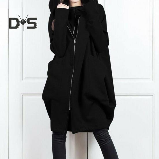 Sweat-shirt à capuche à manches longues pour femme, manteau à fermeture éclair, grandes poches, faux deux pièces, couleur unie, veste à capuche mi-longue