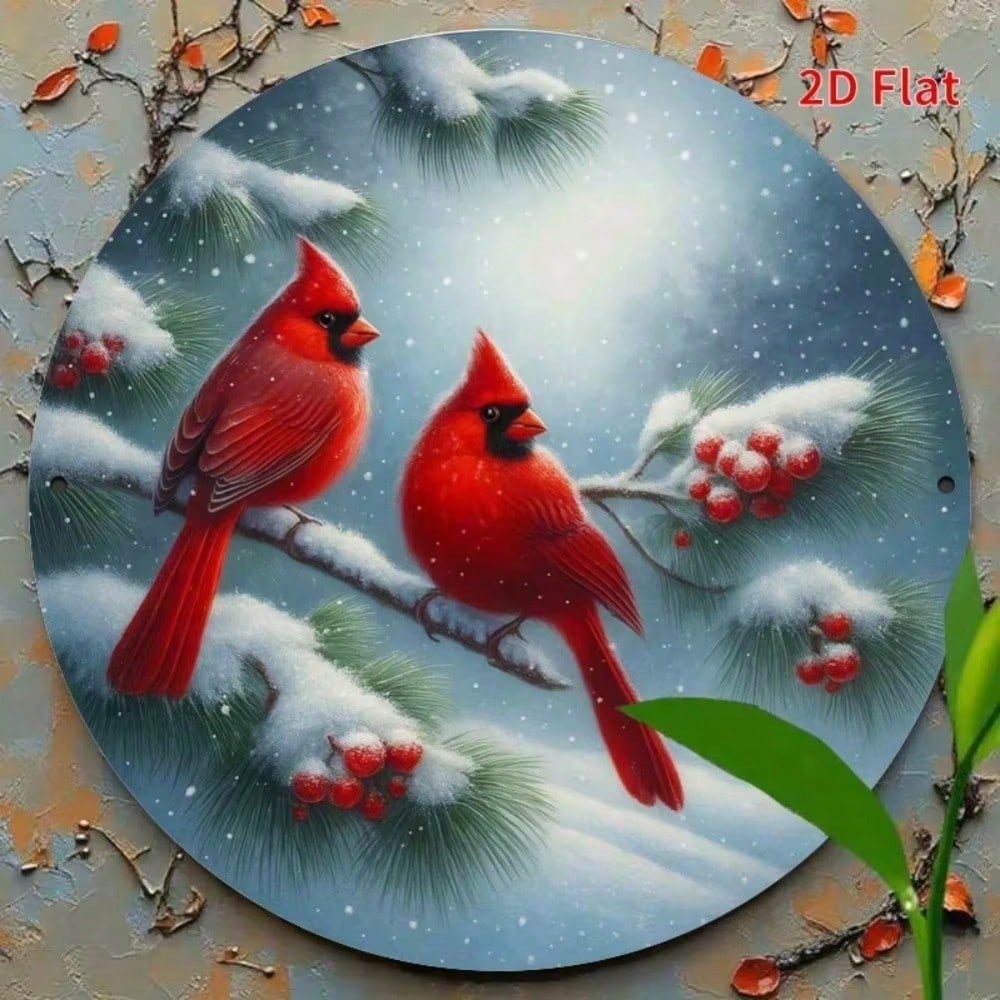 Vintage Metal Cardinal Sign 7.8 Inch Christmas Wall Art Rustic Home Decor Winter Snow Scene With Wreath