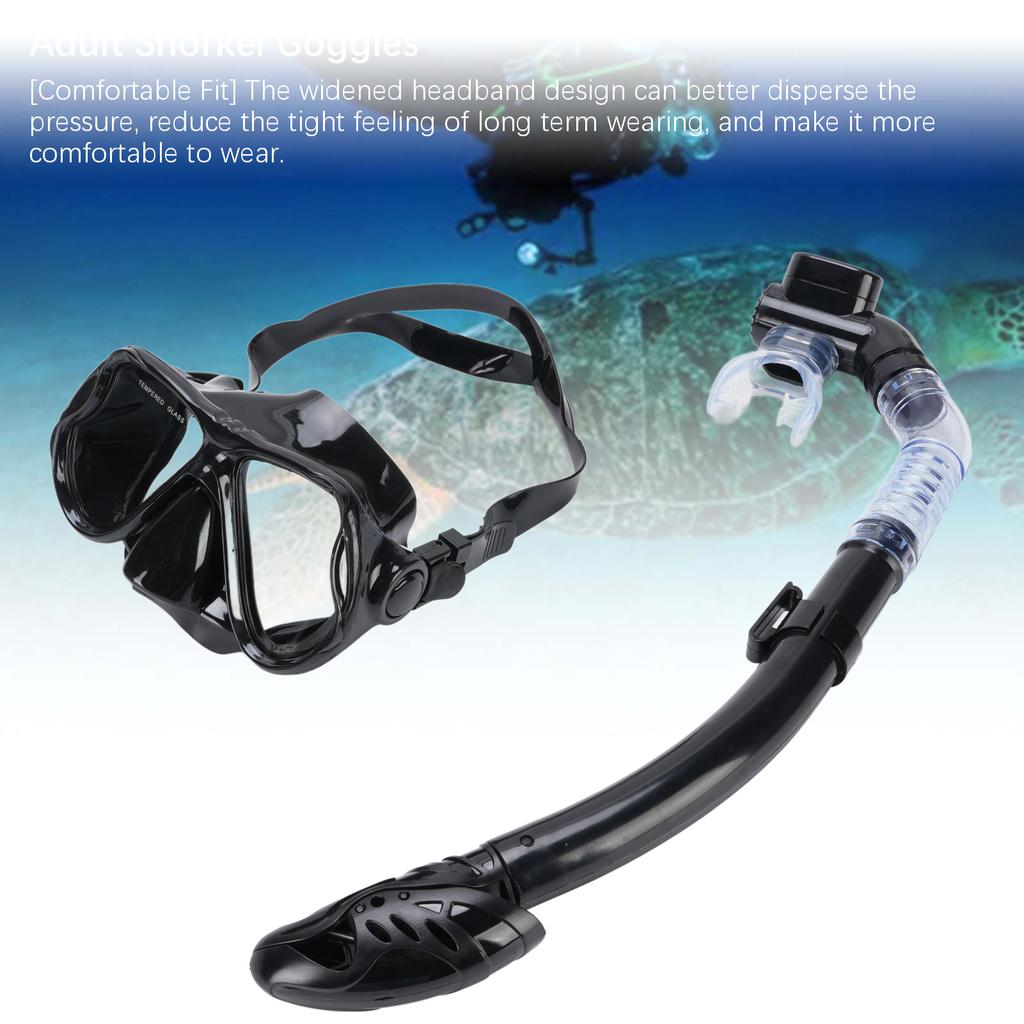 Adult Snorkel Set Wide View High Definition Tempered Glass Lens Diving Goggles and Full Dry Snorkel for Snorkeling Black