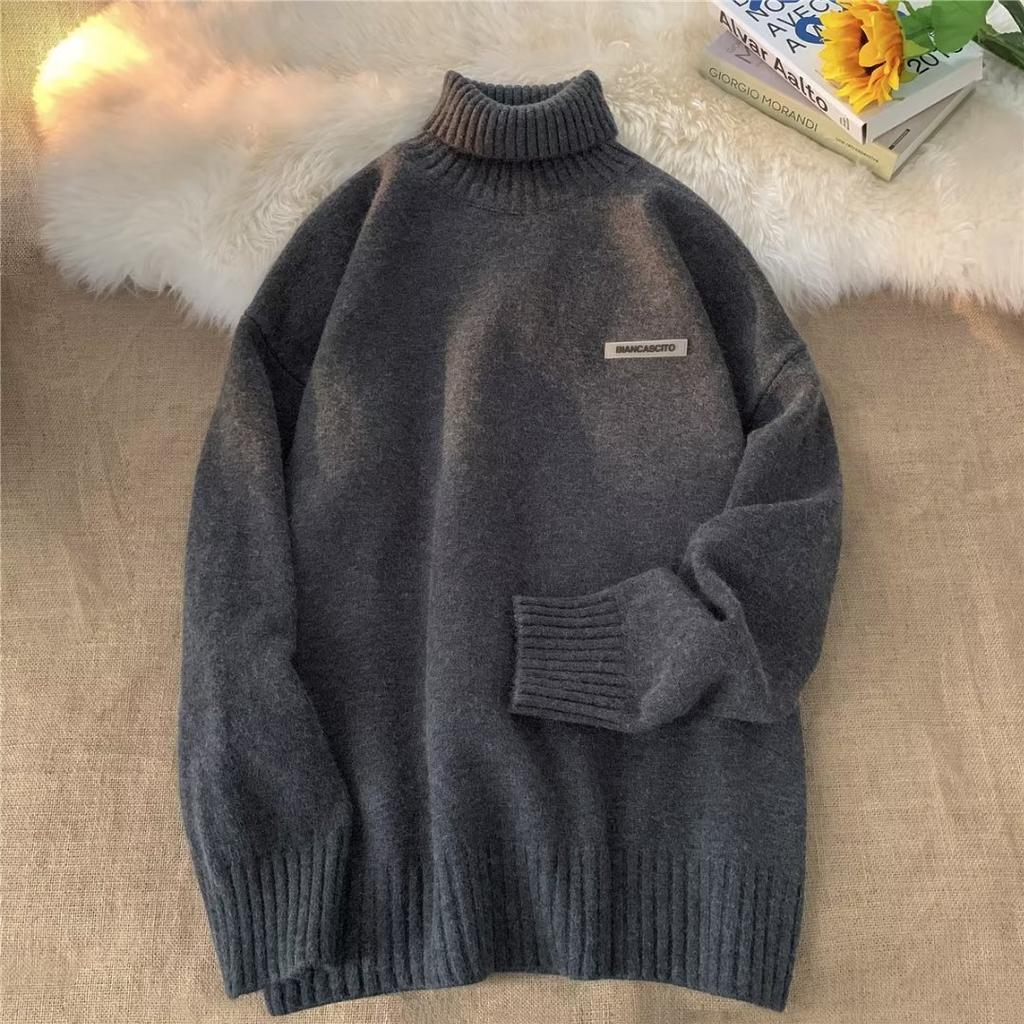 American Turtleneck Sweater Men's Autumn and Winter Thickened Loose Lazy Style High-end Knitted Sweater Japanese Retro Warm Interior
