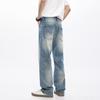 Elastic denim new American trendy brand men's jeans commuter high street loose straight American light-colored denim trousers