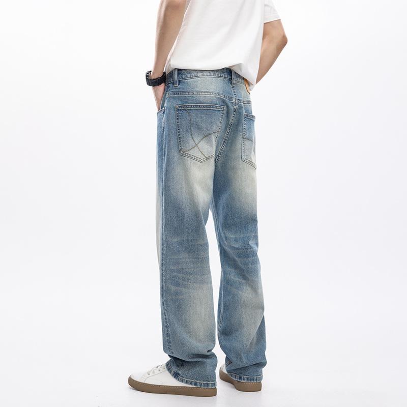 Elastic denim new American trendy brand men's jeans commuter high street loose straight American light-colored denim trousers