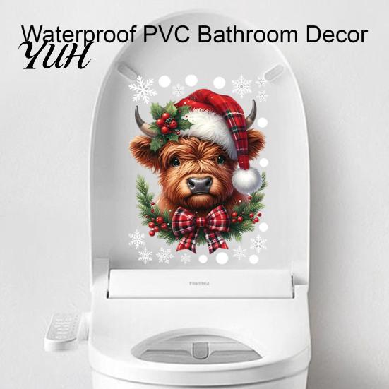DIY Glass Clings for Living Room Christmas Window Clings, Cute Highland Cow Sticker with Santa Hat, Winter Modern Interior Decoration Stickers