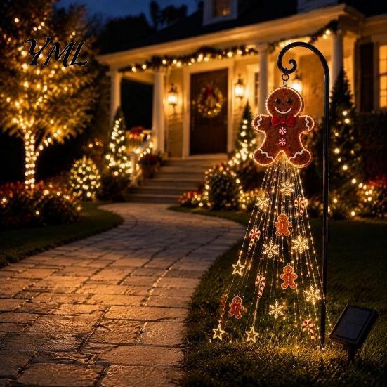 Metal Christmas Garden Decor Gingerbread Solar Light, Waterproof Outdoor Yard Light with Warm Festive Stake Lights Waterfall LED, Pathway Lamp
