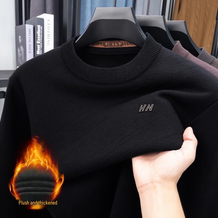 Woodpecker Men s Plus Velvet Knit Sweater - Warm, Casual, Solid Color, Round Neck, for Autumn/Winter L