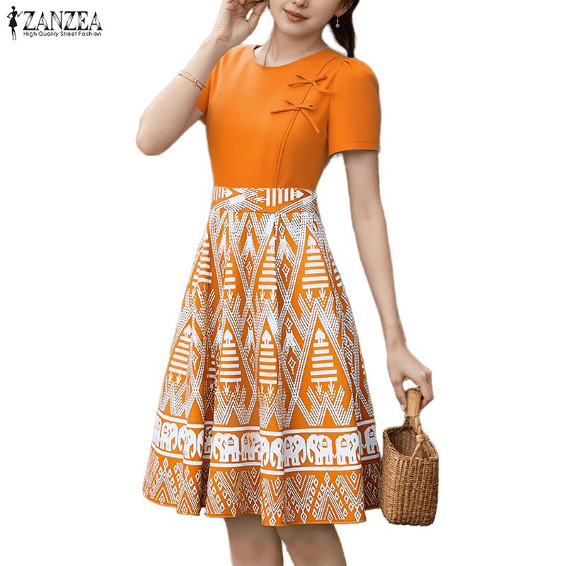ZANZEA Women Summer Round Neck Short Sleeve Casual Patchwork Print Dress
