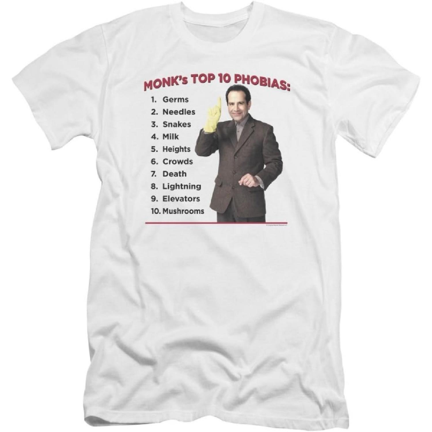 

Monk - Mens Top 10 Phobias Premium Slim Fit T-Shirt, Medium, White XXXXXL білий