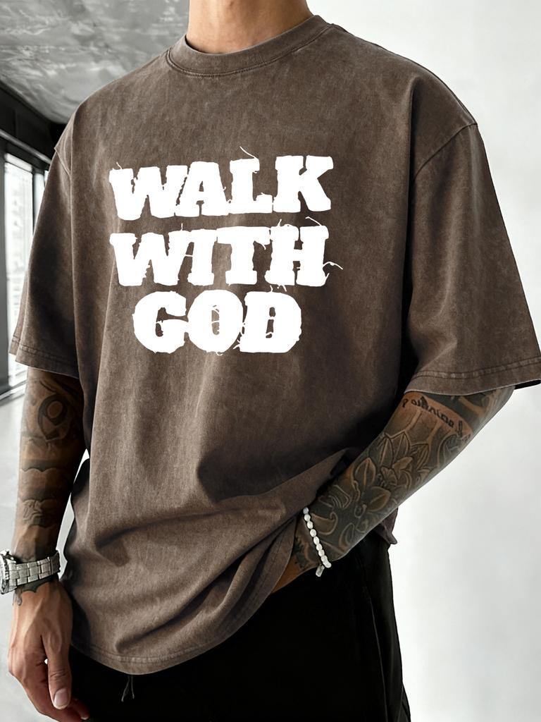 Walk With God Printed Men Washed TShirt Retro Running Crewneck T Shirts Hip Hop Oversized Clothes Summer Cotton Streetwear