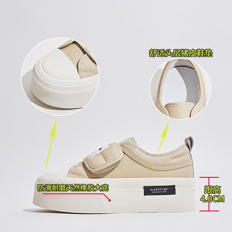 Leder Brotschuhe 2025 Frühling neue dicksohlige weiße Schuhe Klettverschluss Nische Freizeitschuhe flachsohlige vielseitige Damenschuhe