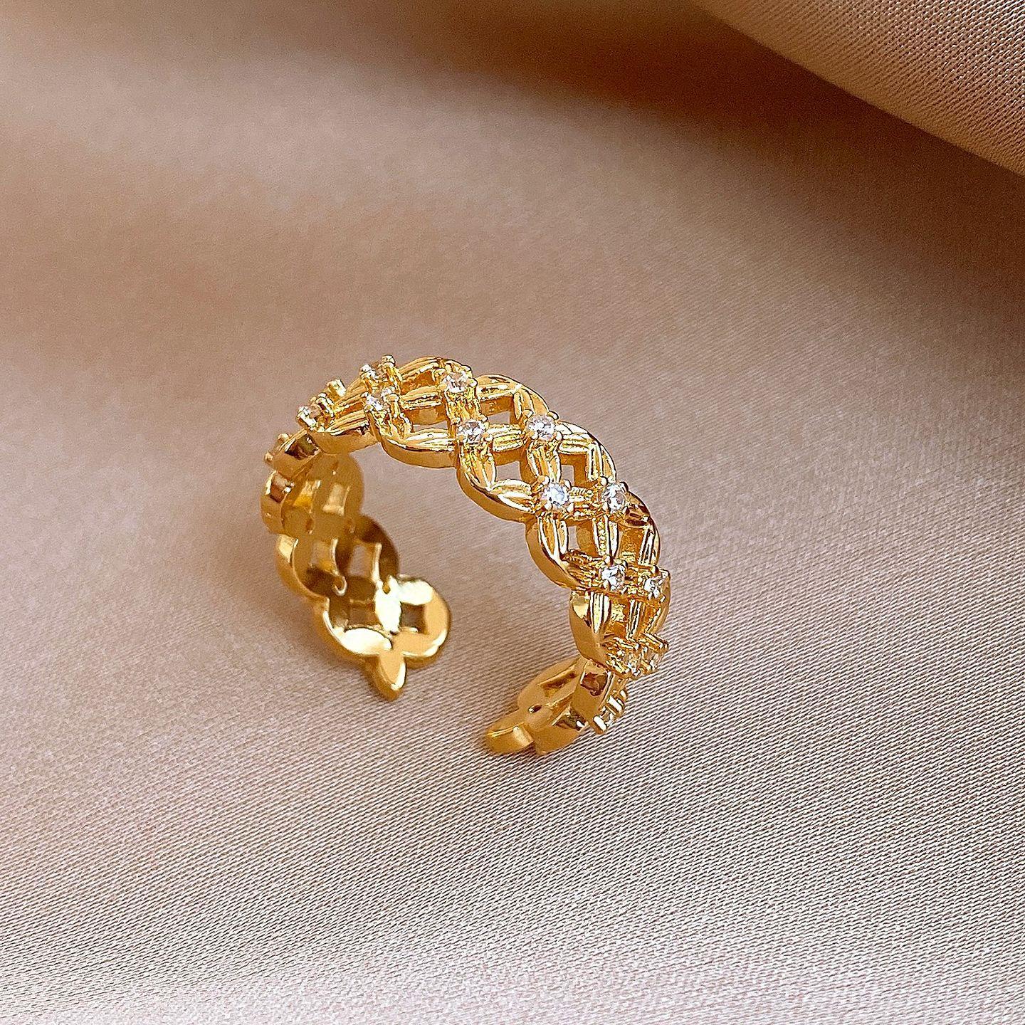 18k electroplated zircon hollow flower open ring ring ring light luxury jewelry women