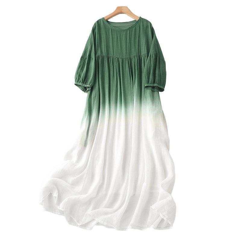 8973 Five-Sleeve Plus Size Gradient Cotton Linen Dress - Loose-Fit Early Autumn Style