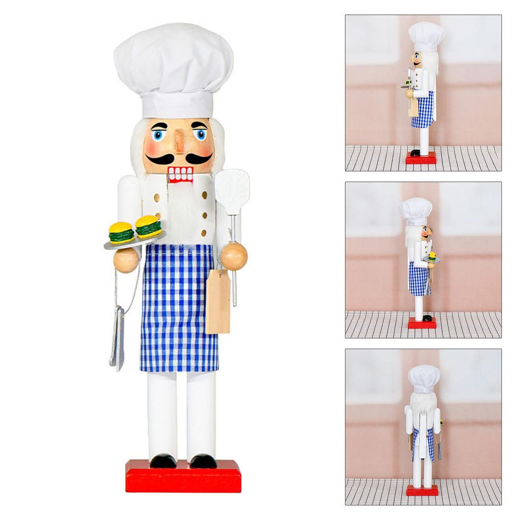 Handcrafted Wooden Christmas Nutcrackers Chefs Statue With Blue Plaids Apron Vintage Holiday Tabletop Display Ornament