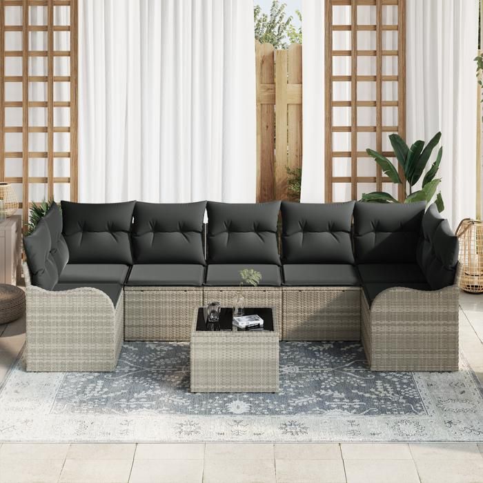 Ensemble de canapé de jardin 8 pièces avec coussins gris clair en poly rattan, Canapé de jardin 2 places avec coussins gris 3345622