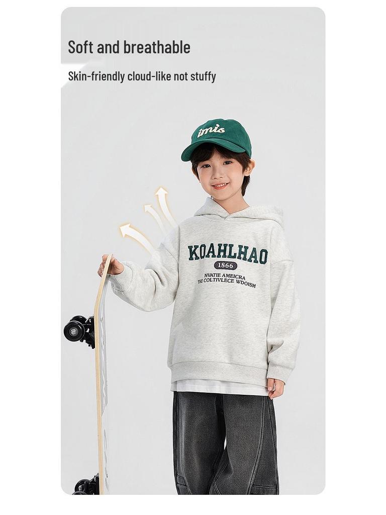 Boys' Fleece-Lined Hooded Sweatshirt - Winter 2025 Style, Thickened for Medium and Large Children