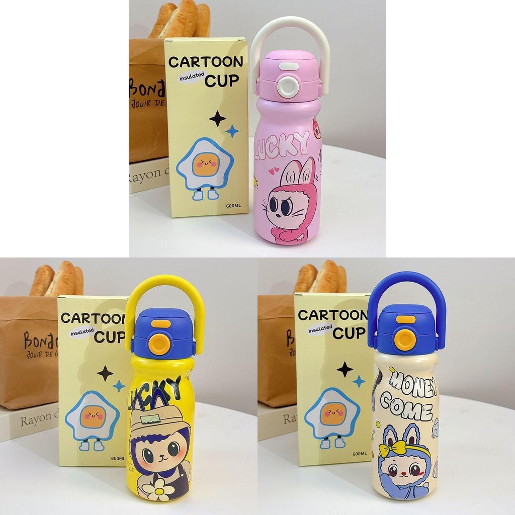 Erdbeerpudding-Cartoon-Isolierbecher (600 ml) mit auslaufsicherem Deckel für Kinder und Schüler