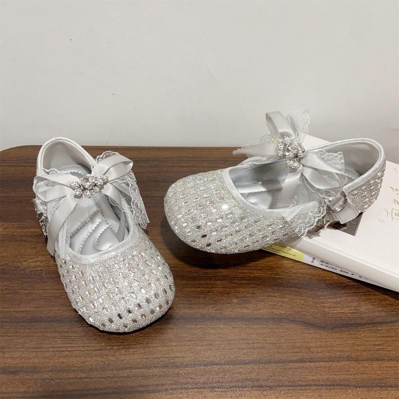 Youth Style Shoes Girls Sweet Bow Princess Flat Shoes With Rhinestone Decor PU Upper Rubber Sole Slip-On Style Toddler To Kid