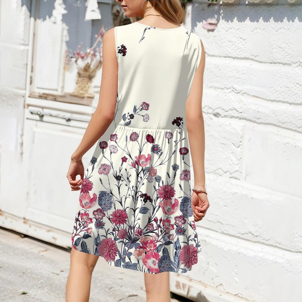 Women Summer Dresses Sleeveless Casual Loose Swing Button Down Midi Sundress With Pockets