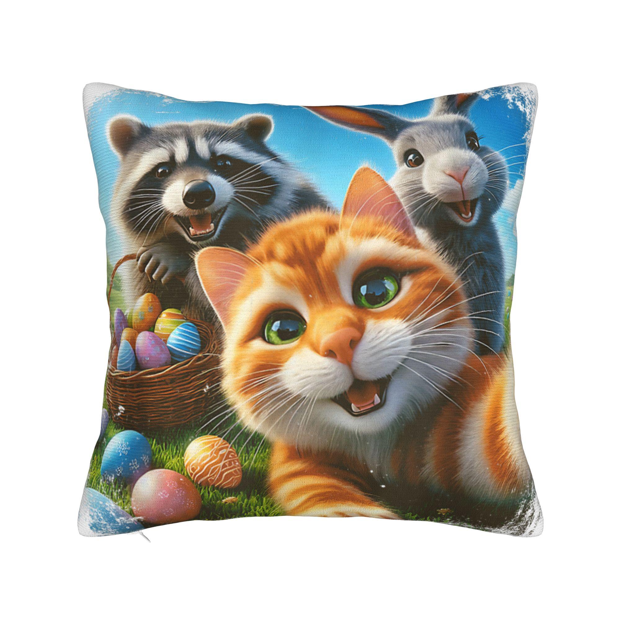 Pillow Case Cat Taking Selfie Easter Bunny Rabbit Comfy Pillow Cover For Office Car Home Decor Cute Funny Pillowcases 30x30cm 12x12in