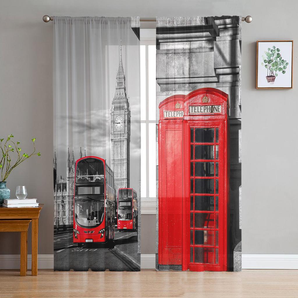 London Red Telephone Booth Bus Sheer Curtains for Living Room Decoration Window Curtains Kitchen Tulle Voile Organza Curtains
