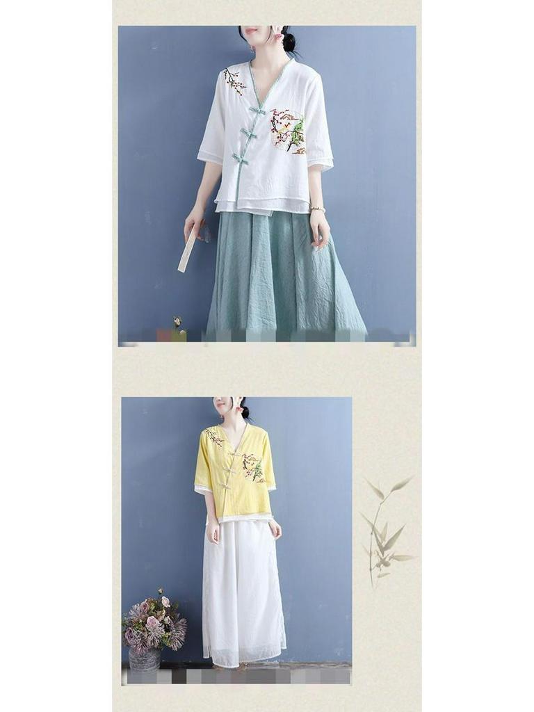 Women's Ethnic V-Neck Embroidered Cotton-Linen Cardigan Top and Mid-Sleeve Tea Dress