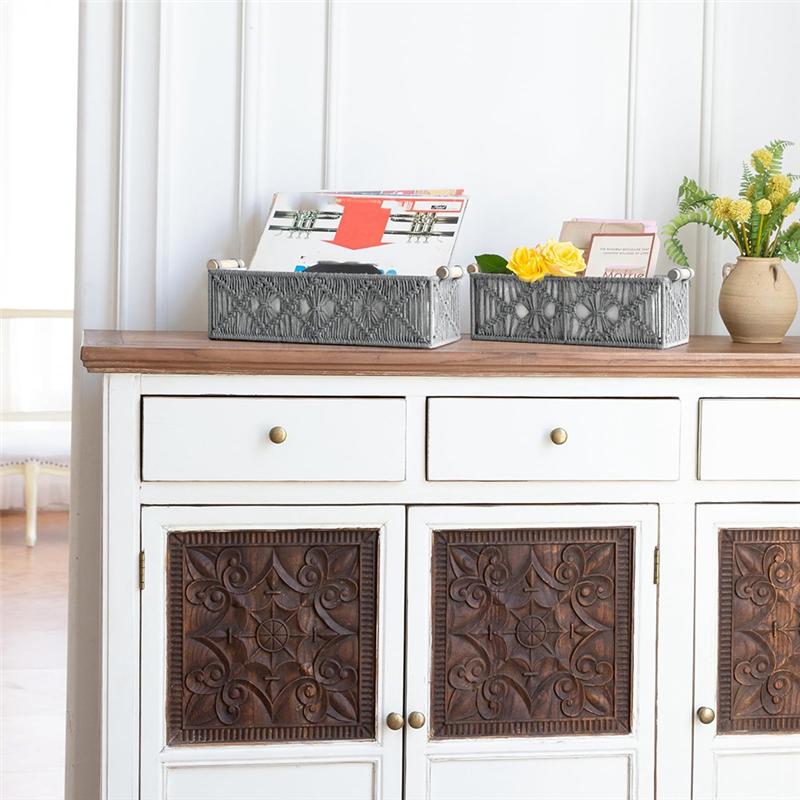 M-Modern-Boho Decor Macrame Storage Baskets Set Of 2 Handmade Woven Countertop Toilet Tank Shelf Cabinet Organizer Box Grey
