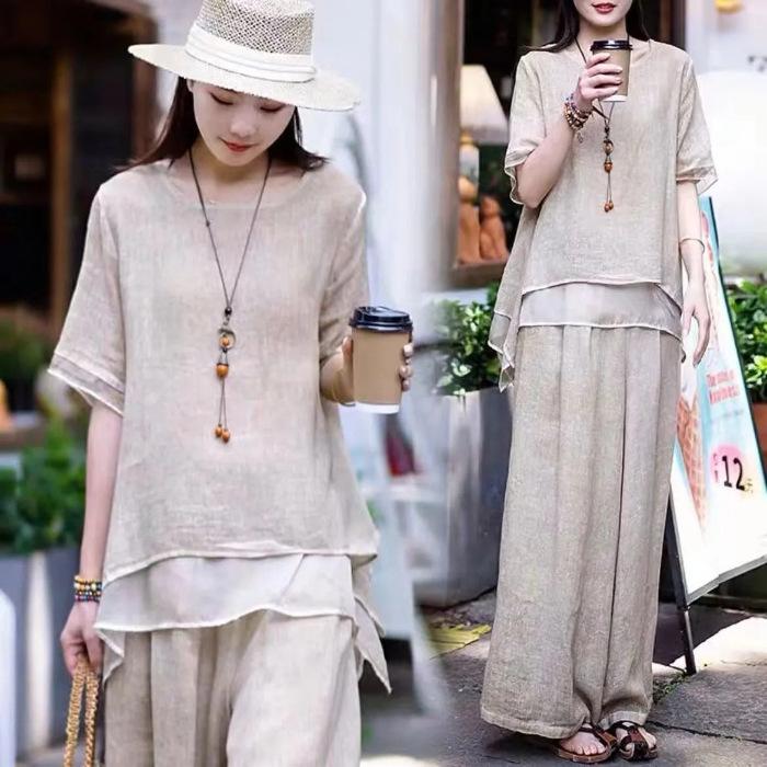 Women Vintage Wide Leg Trousers Suits Casual Patchwork Blouse Pants Sets 2PCS Loose Suit Plus Size