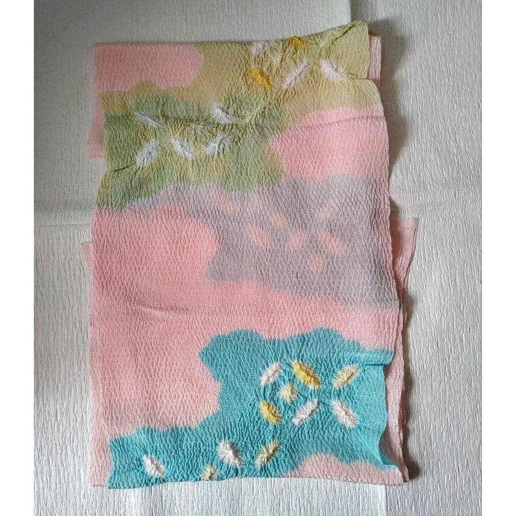 Used Japanese accessories Sakura pure silk obi sash, quail crepe two-color cloud pattern iris cloisonne [peach x light blue x light green]