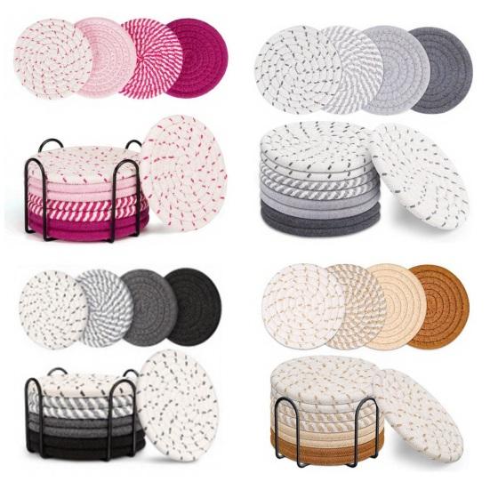 Yousheng 8Pcs Cotton Woven Coasters for Drinks, Absorbent Coasters Set with Holder, Wear-Resistant Insulating Heat-Resistant Coasters for Cups Teapots