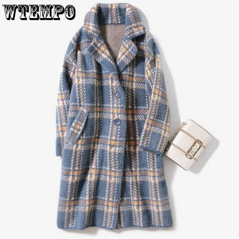 Płaszcze i kurtki damskie Moda Damski dwurzędowy wełniany płaszcz w kratę Damski płaszcz