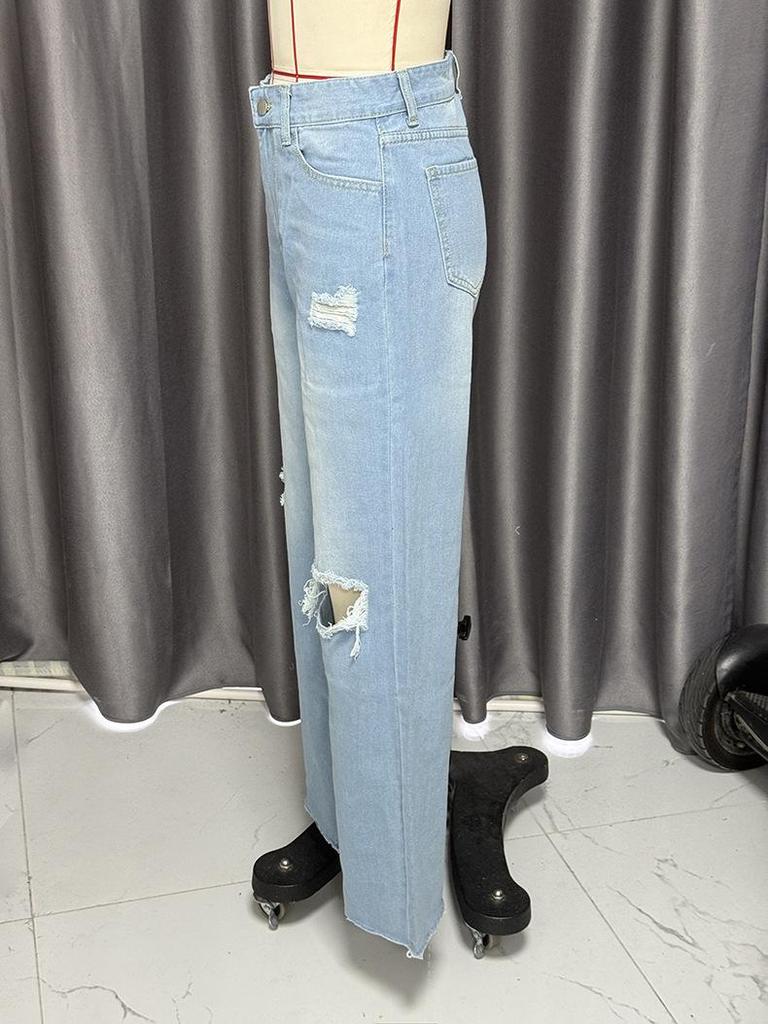 2025 Summer High Waist Ripped Jeans: Women's European & American Street Style, Loose Straight Wide-Leg Pants