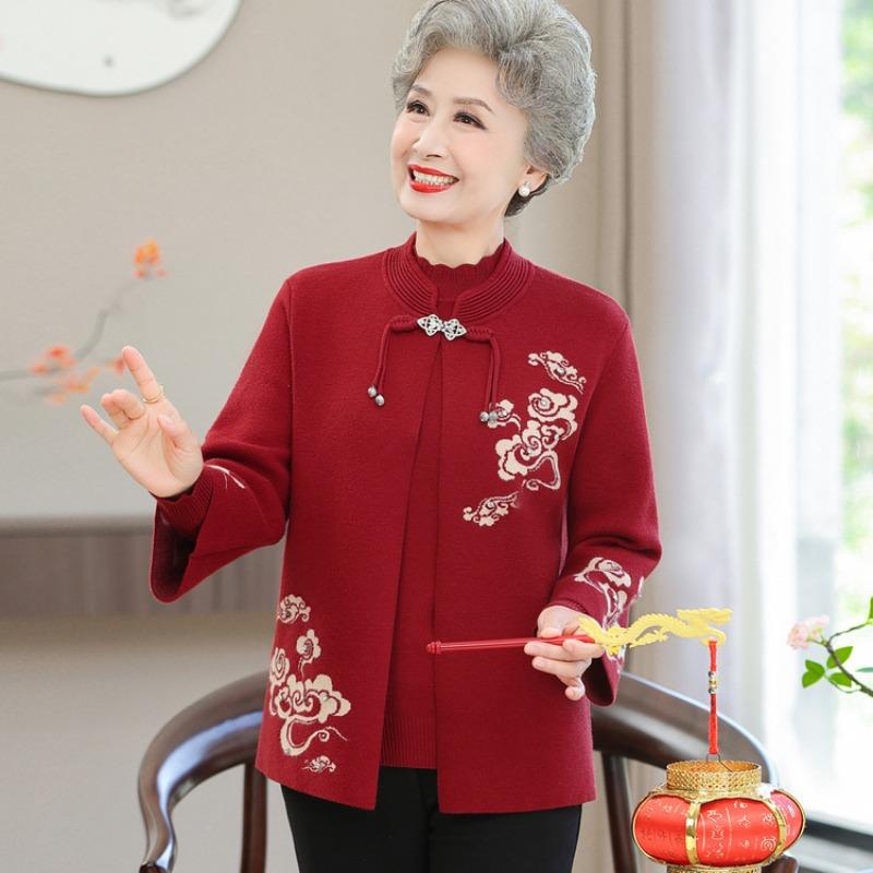 Elderly autumn clothing female grandmother knitted spring and autumn coat middle-aged and elderly mother festive knot wedding dress set