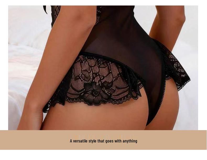 European-Style Women's Black Lace Strappy Bodysuit Lingerie Set