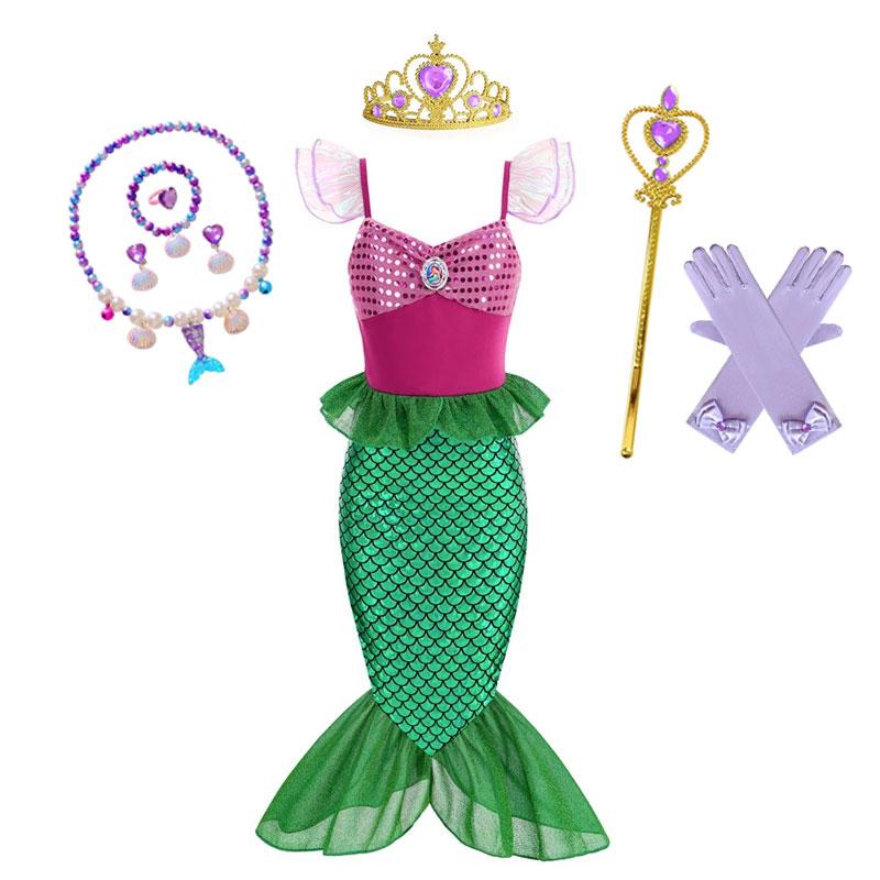 Mermaid Ariel Costume Girls Short Sleeve Fish Tail Shape Cosplay Princess Dress Halloween Carnival Birthday Party Dresses