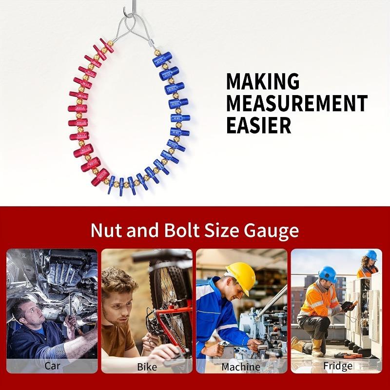 1pc Nut And Bolt Thread Checker With Wire Lanyard, 26 Male/Female Gauges, 14 Standard (Inch) & 12 Metric Sizes, Detachable, Red & Blue