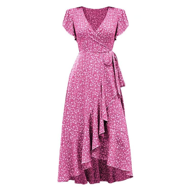 

European and American small floral V-neck cardigan belt wrap short-sleeved bohemian vacation dress women XXL рожевий червоний колір