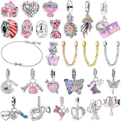 New In Original Pink Charms Copper Bow Charms Butterfly Flower Beads Fit Necklaces Bracelets For Women Diy Fine Jewelry Gift