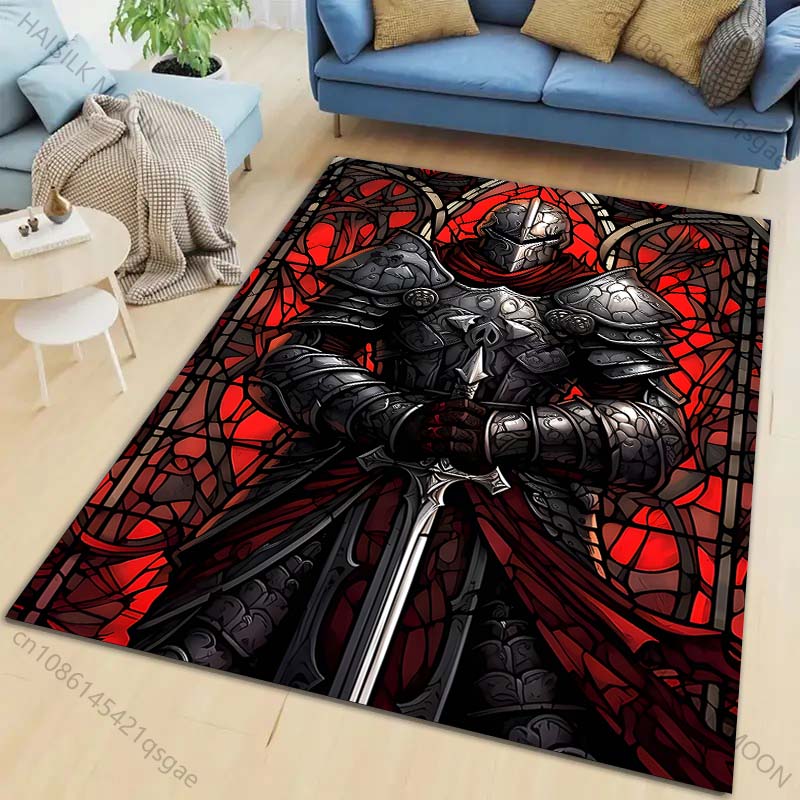 Knight Armor with Red Background Pattern Rug Carpets for Bedroom Living Room Sofa Mat Creative Door Mat Cloakroom Home Decor