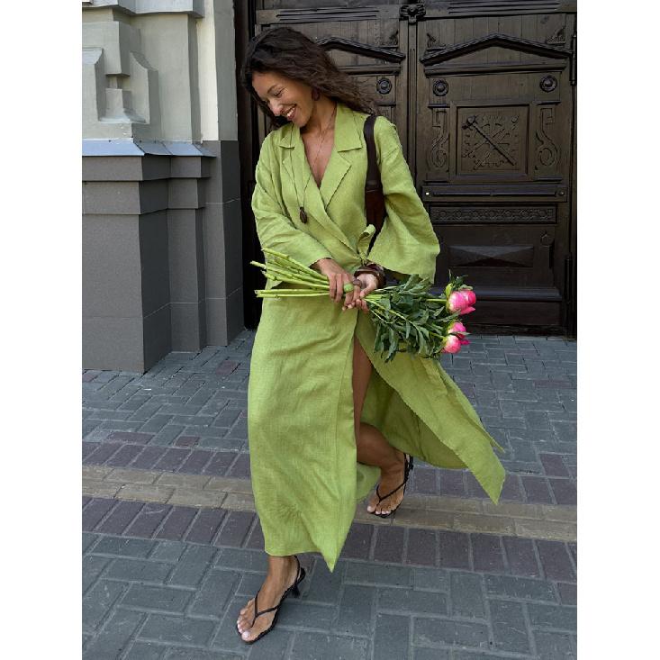 Sommer Neues Damen Stilvolles Rotes Leinen Wickel Maxi Kleid Revers Kimono Ärmel Gürtel Lange Robe Elegantes Schickes Kleid
