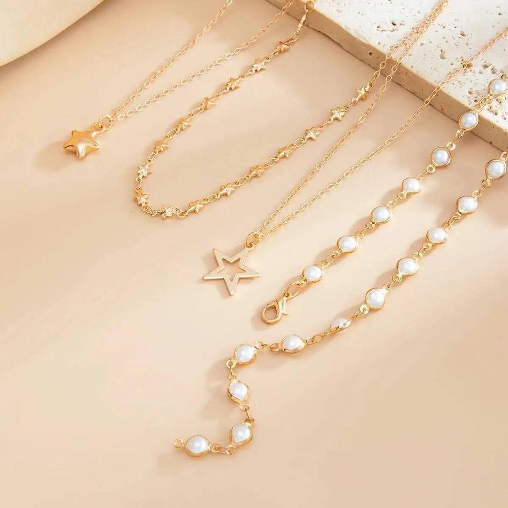 Salircon 4Pcs/Set Creative Elegant Five-Pointed Star Pendant Necklace Women Fashion Imitation Pearl Y-Shaped Long Chain Jewelry