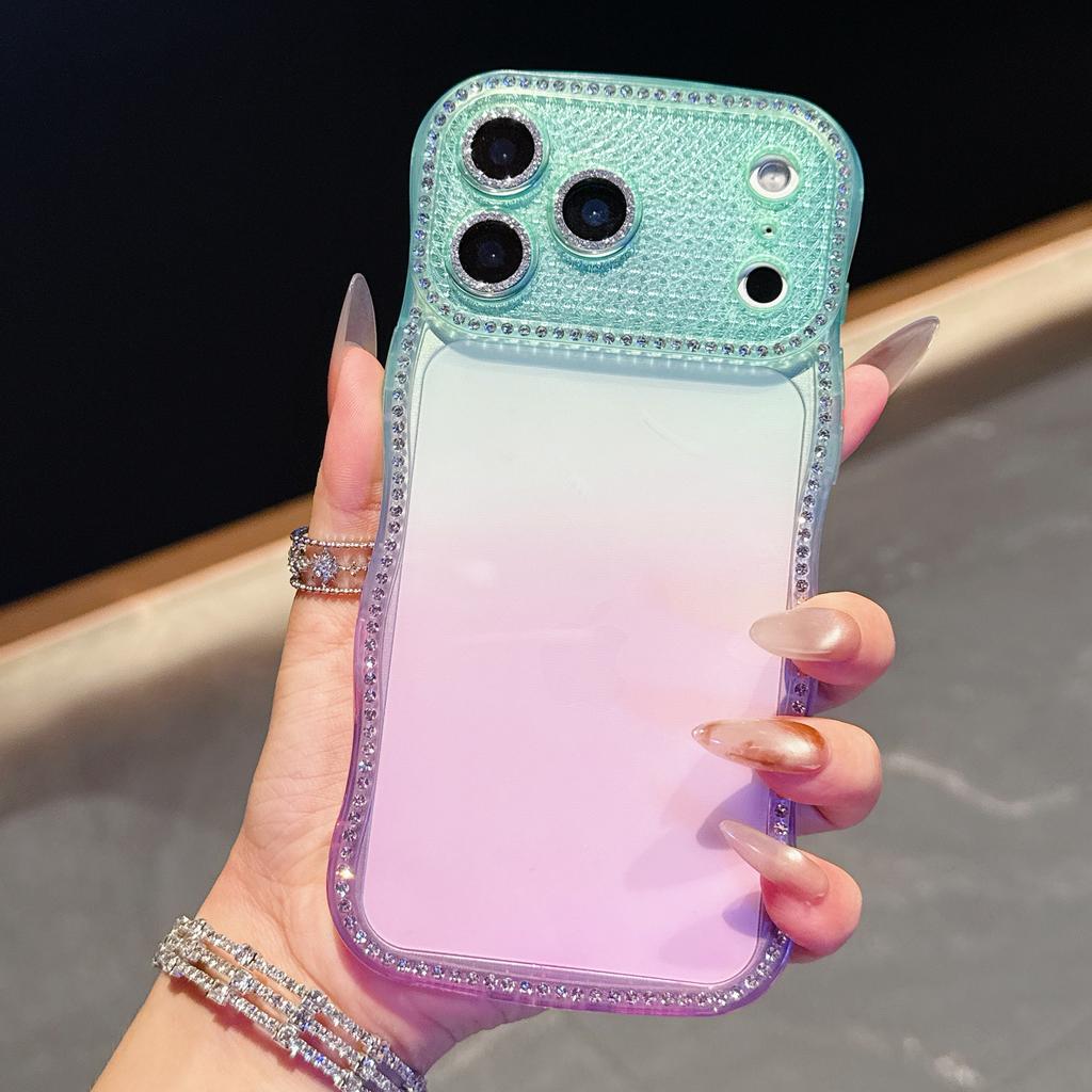 For iPhone 17 Pro Max Case Rhinestone Decor Wave Frame Gradient Design TPU Phone Cover