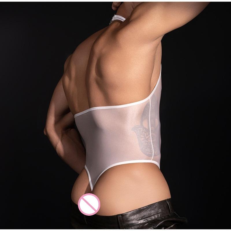 Sexy Men High Cut Bodysuit Oil Glossy Shiny Open Crotch Vest See Through Sissy Lingerie Thong Tights Gay Elastic Halter Leotard