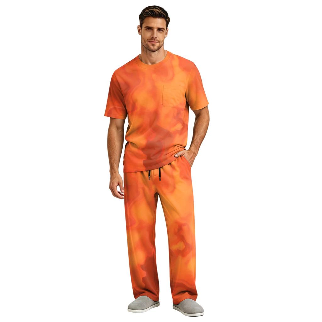 Men's Home Pajama Set, Short Sleeve Top and Long Pants with Button Fly and Drawstring Waist