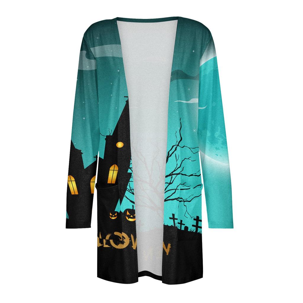 Women's Fashion Casual Halloween Print Medium Length Cardigan Jacket Coat