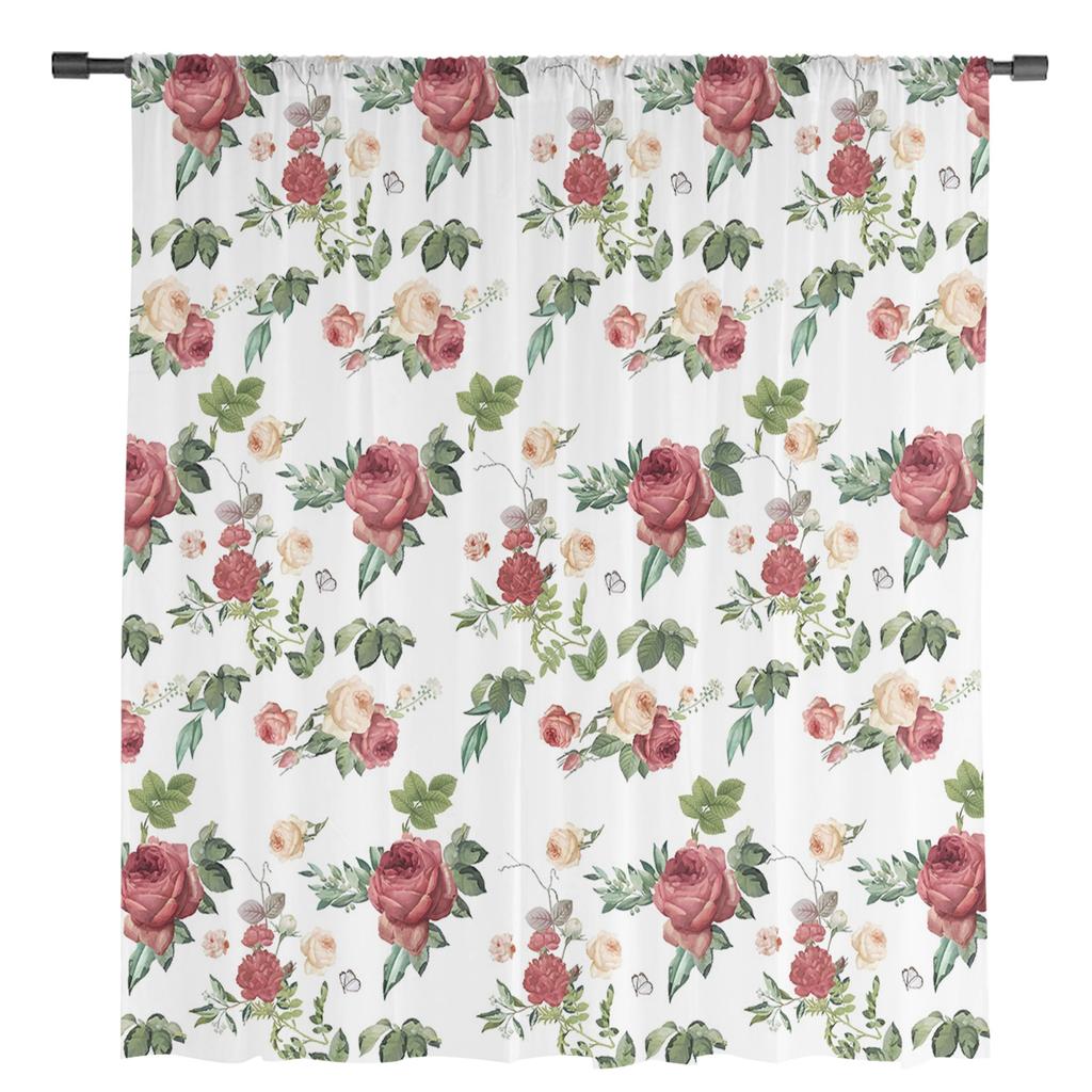 Plant And Flower Watercolor Retro Pink Sheer Curtains for Living Room Decoration Window Curtains Kitchen Tulle Voile Curtains