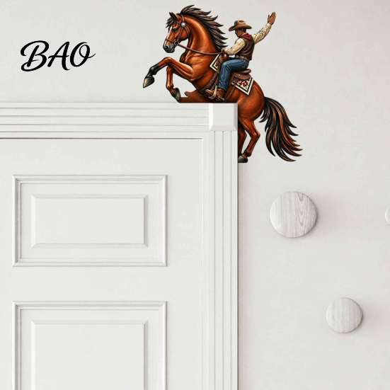 Rustic Home Ornaments Western Horse Wooden Door Topper Decor, 2D Printed Frame Vintage Interior Wood Craft Ornament, Top Shelf Decoration for