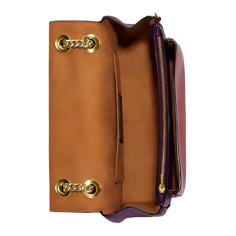 Coach Klare 26 Color Block Buckle Flap Closure Calf Leather Crossbody Shoulder Bag Medium Women's Boysenberry and Red