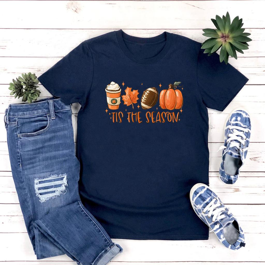 Tis The Season Fall Coffee T-Shirt Coffee Lovers Tshirt Pumpkin Latte Drink Shirts Unisex Thanksgiving Tee Halloween Tops