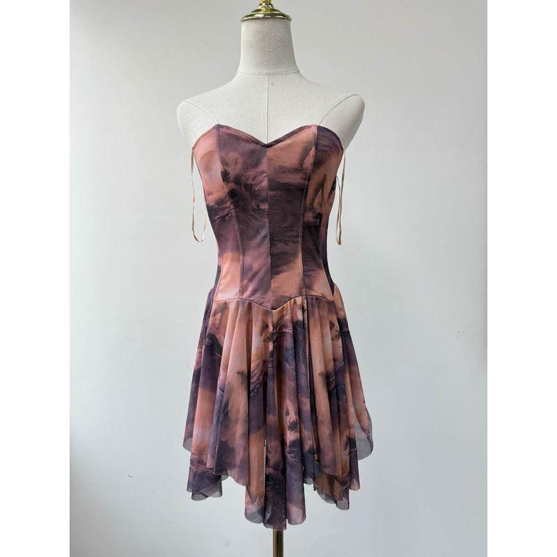 

Foreign Trade Order Mesh Fabric Positioning Sexy Gyaru Fishbone Tube Top Dress Hot Spring Beach Dress Dress 01 purple ink blooming L