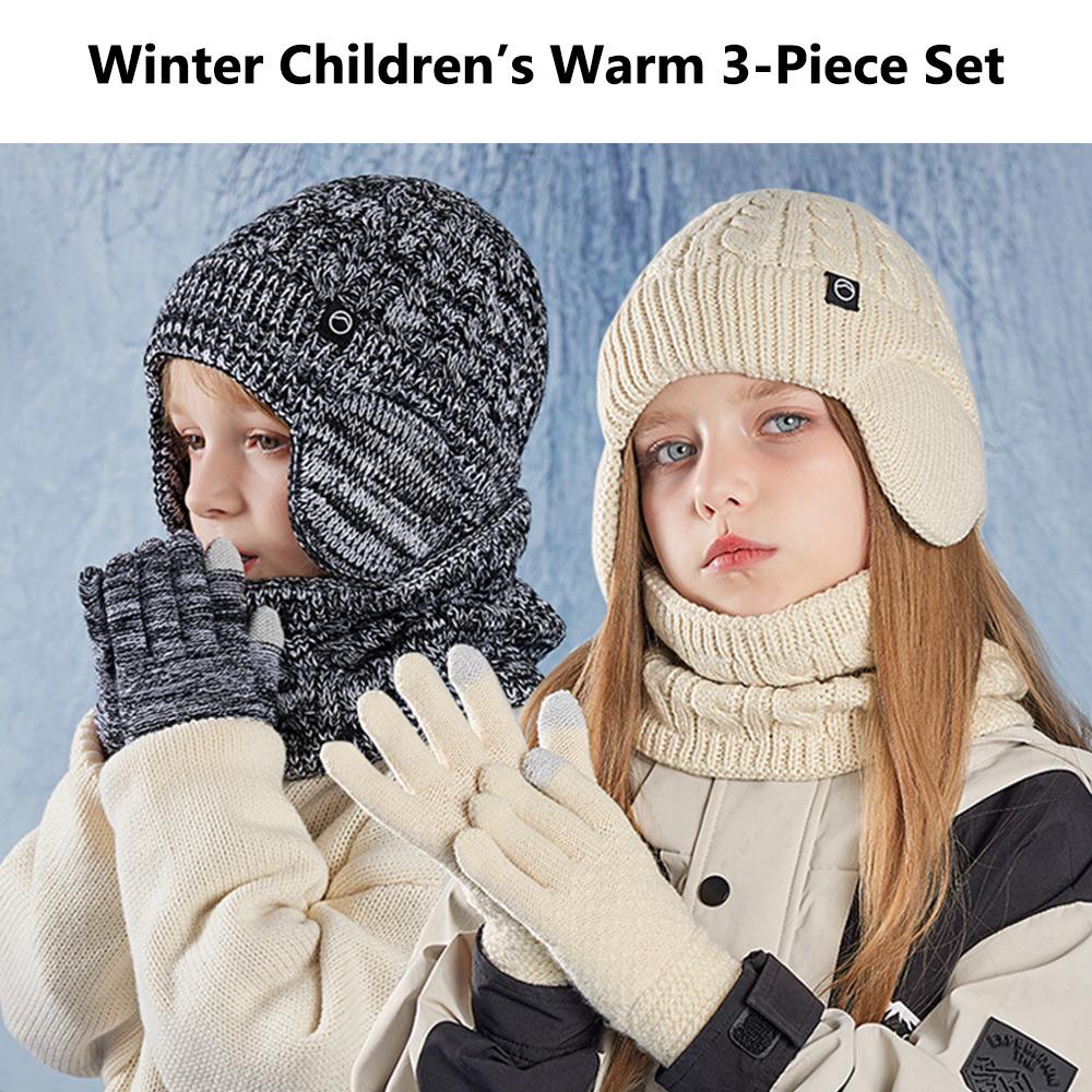 Fleece Lined Kids Earflap Beanies Winter Touchscreen Gloves 4-10Y Neck Warmers for Boys and Girls